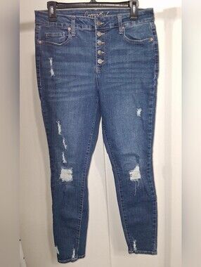 Copperflash High-Rise Distressed Buttonfly Skinny Jeans in Dark Blue Size 6